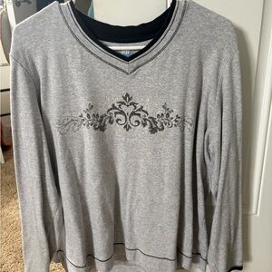 Gray V-Neck Sweater with Embroidered Design
